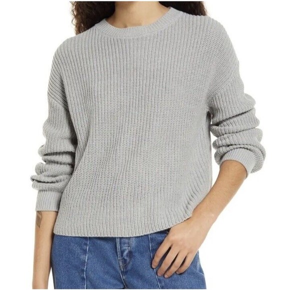 BP Cleo Sweater Women's Size S Grey Heather Chunky Rib Knit Cotton Crop Crewneck - Picture 11 of 12